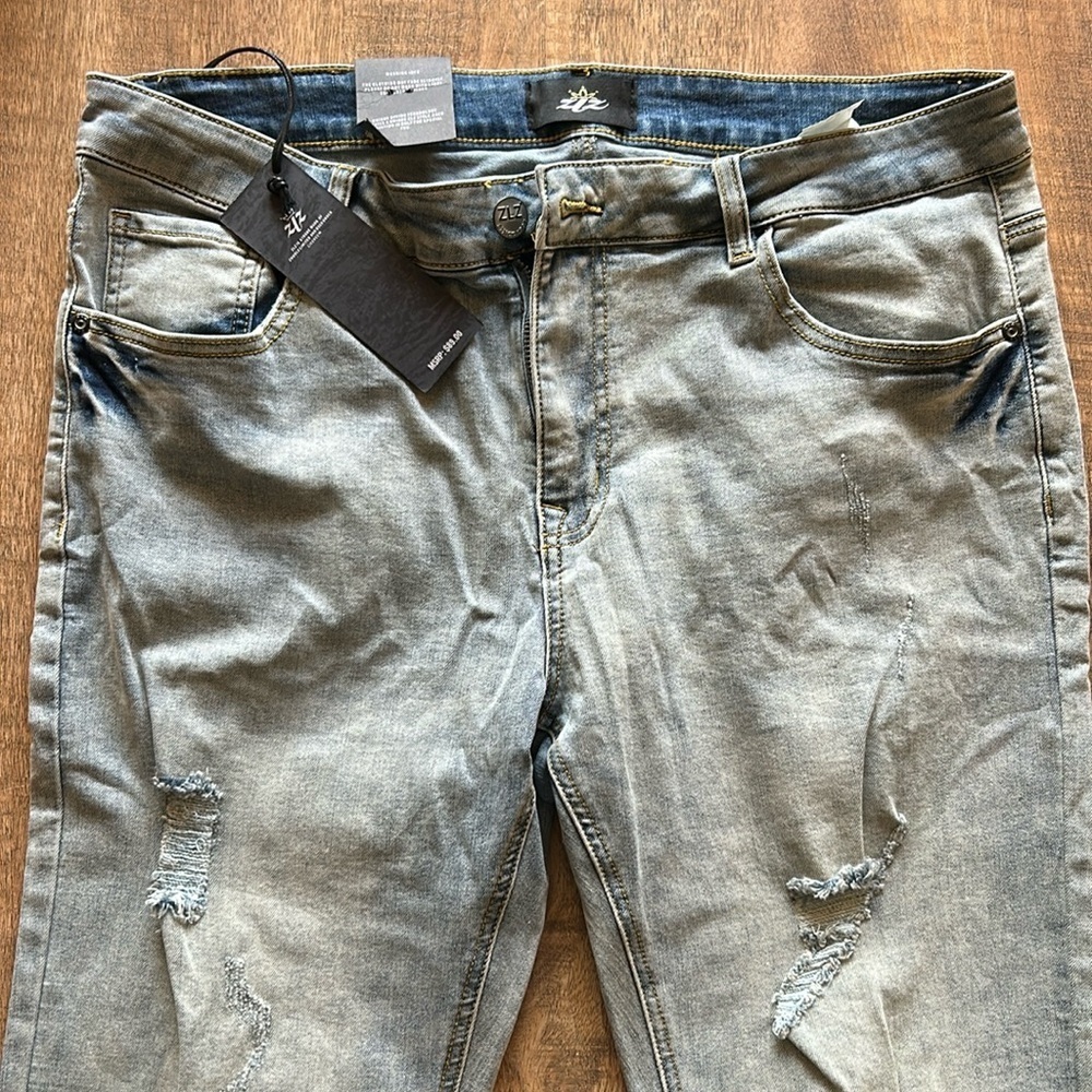 ZLZ Blue Black Ripped Distressed Jeans for Men Slim Streetwear Destroyed 36W